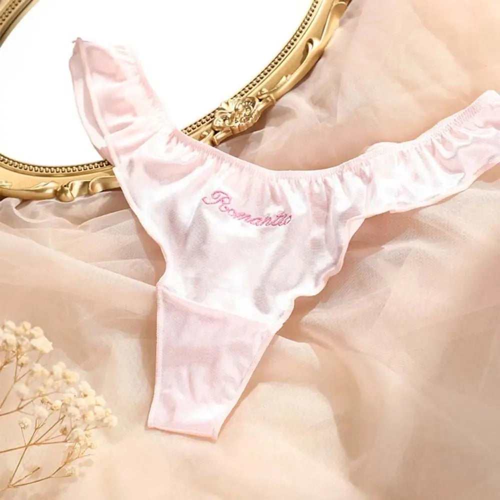 INTIMO SECRETS Pink Satin Silk Ruffle Thong – Sexy Low-Waist G-String for Women