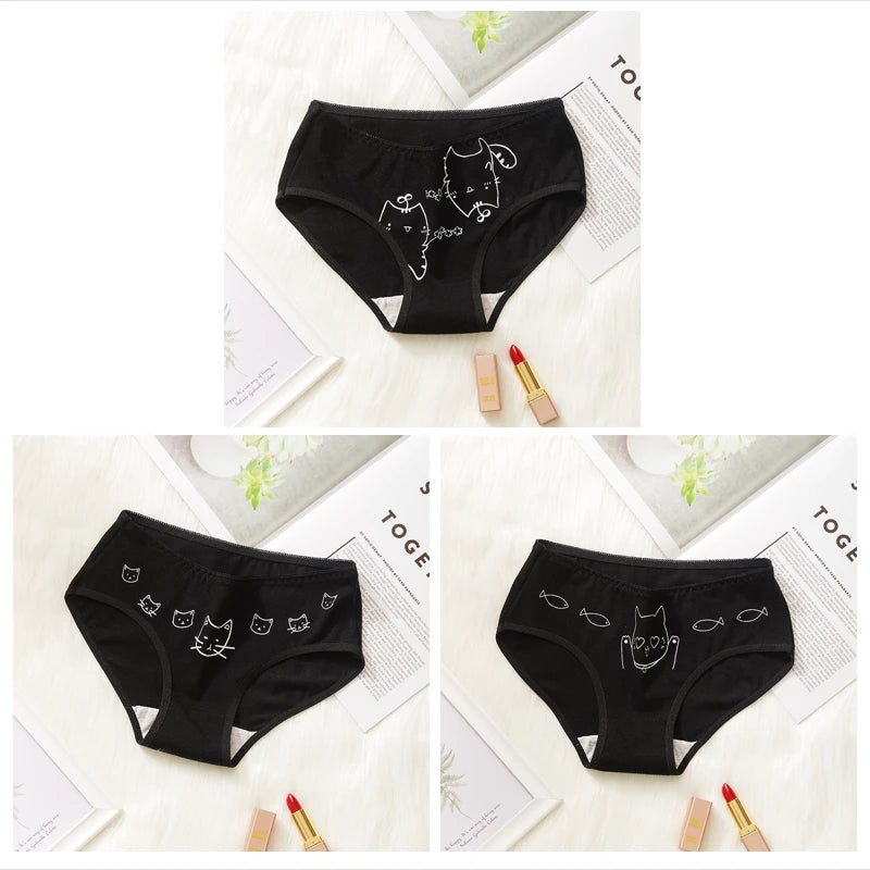 3 Pcs Cartoon Print Black Plus Size Triangle Underwear Cotton Panties Women's Breathable Soft Lingerie Girls Female Underpants