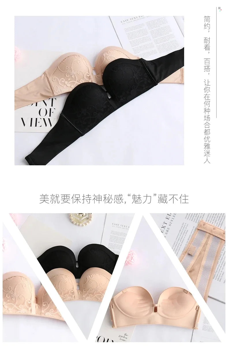 INTIMO SECRETS Women’s Sexy Strapless Bra – Black Lace Seamless Push-Up Invisible Bralette