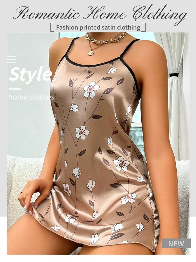 Women's Sleepwear Summer Floral Print Satin Nightgown Casual Sleeveless Backless Slip Night Dress Sexy Nightdress Home Clothes