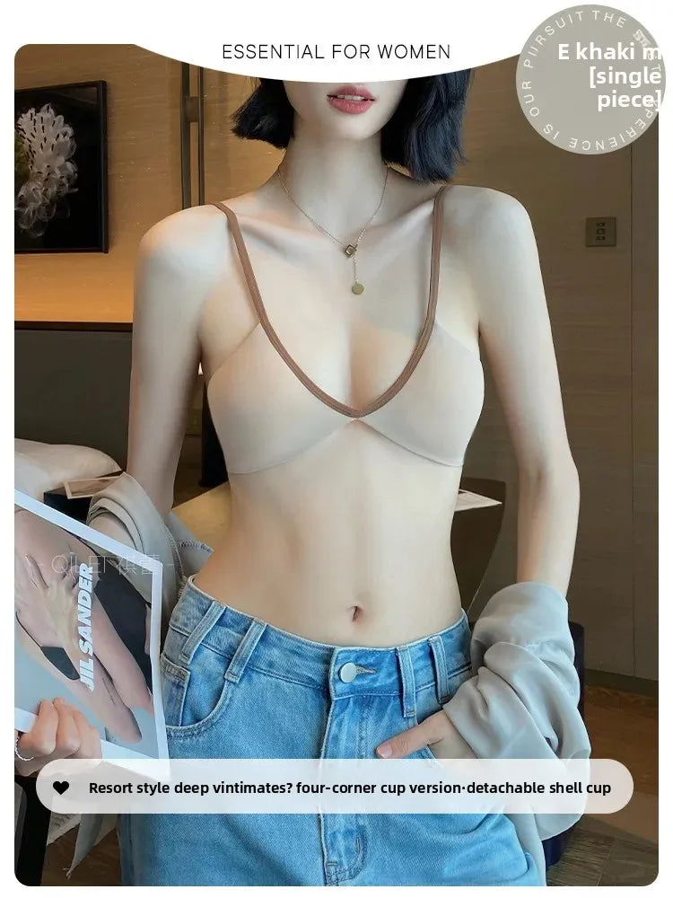 Women's Thin Summer French Style Sexy Deep U Shell Cup Bra Wireless Seamless Fashionable Underwear Comfortable Home Clothes