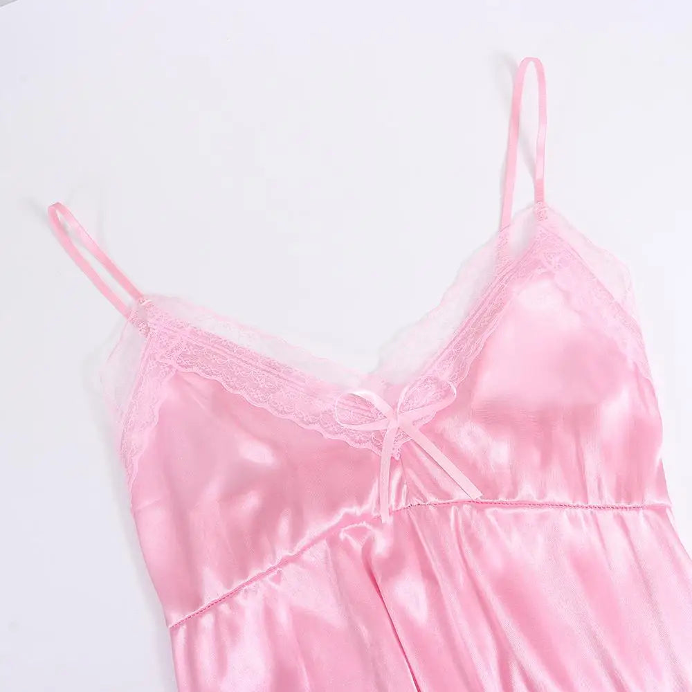 Cute Lace Camisola Patchwork Women's Nightgowns Lingerie Nighty Bowknots Nightwear Women