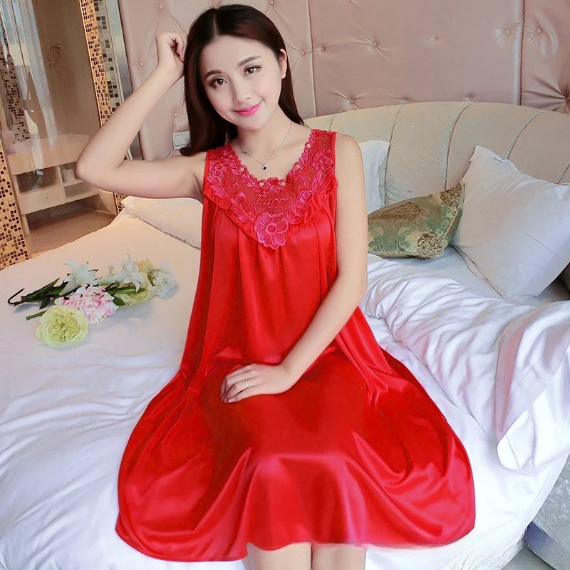 Summer Imitation Silk Nightgowns Women 2025 Sexy Sleepwear Nightwear Female  Spaghetti Strap Underwear Lace Breathable Homewear