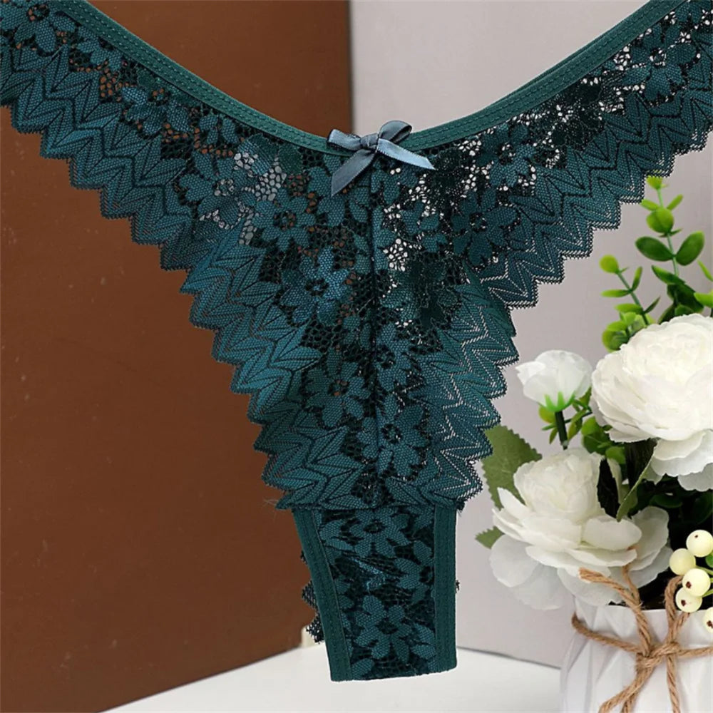 INTIMO SECRETS Mid Waist Sexy Lace Thong – Hollow Out G-String Underwear for Women, Plus Size S/M/L