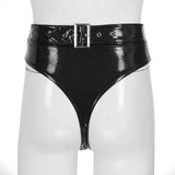 Womens Adult Sexy Thong Latex Panties Lingerie Wet Look Patent Leather Briefs Underwear Buckle Belted Pole Dance PVC Panties
