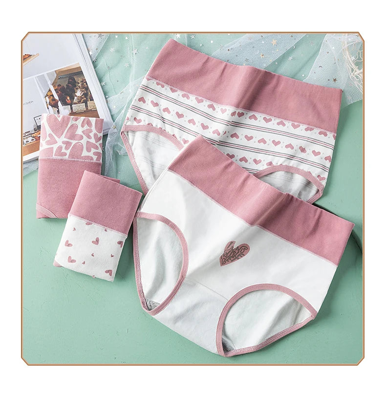 Plus Size 4Pcs Cotton Women's Panties High Waist Underwear Print Ladies Briefs Slim Unswepants Breathable Sexy Ladies Lingerie