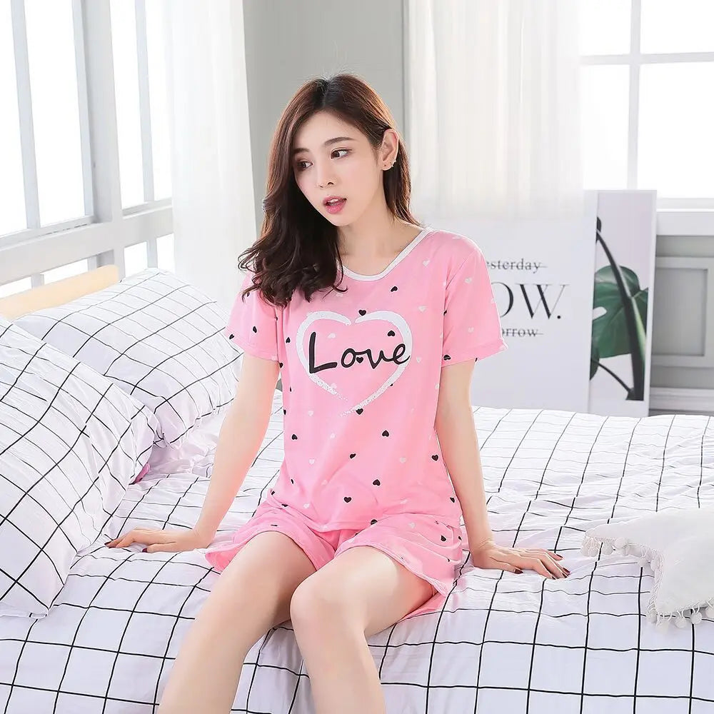 Women Thin Cute Sleepwear 2PCS Shirt Shorts Pajamas Set Nightwear Cartoon Intimate Lingerie Pyjamas Female Homewear Gift Tops