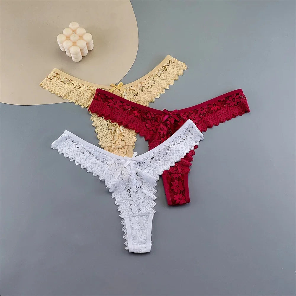 INTIMO SECRETS 3PCS Lace Thongs – Transparent Mid-Waist G-Strings Plus Size