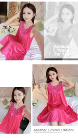 Summer Imitation Silk Nightgowns Women 2025 Sexy Sleepwear Nightwear Female  Spaghetti Strap Underwear Lace Breathable Homewear