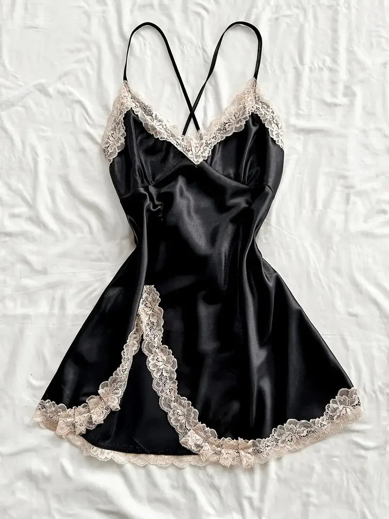 Off Shoulder Ultra Short Sexy Bras Pajamas Home Dresses Night Shirts Sexi Women's Nightgown Silk Lingerie See Through Dress