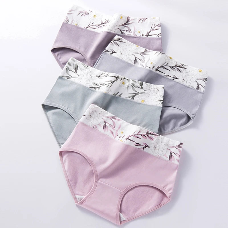 4PCS High Waist Women's Panties Breathable Cotton Panty Lovely Print Ladies Underwear Plus Size Female Lingerie Girls Briefs