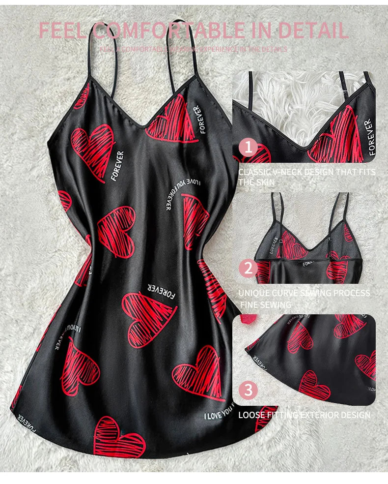 Valentine's Day Red Lip Print Satin Slip Nightdress V Neck Backless Mini Sleep Dress Women's Sleepwear Dresses
