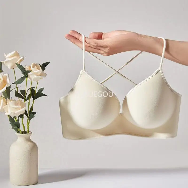 INTIMO SECRETS Women’s Thick Push-Up Bra – AA Cup, Wireless, Cross Strap, Seamless T-Shirt Bra