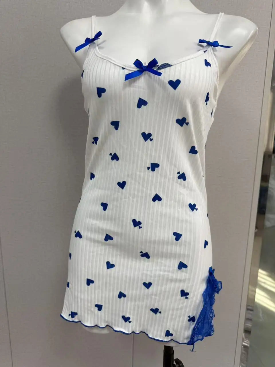 Sexy Women's Night Gown Lace Trim Camisole Bow & Heart Print Sleeveless Sleep Dress Elegant Night Wear for Ladies New Hot