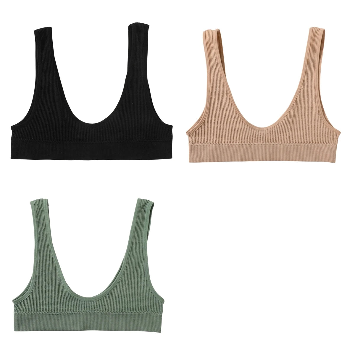 INTIMO SECRETS 3-Piece Seamless Push-Up Sports Bra Set – Deep U-Shape Ribbed Lingerie