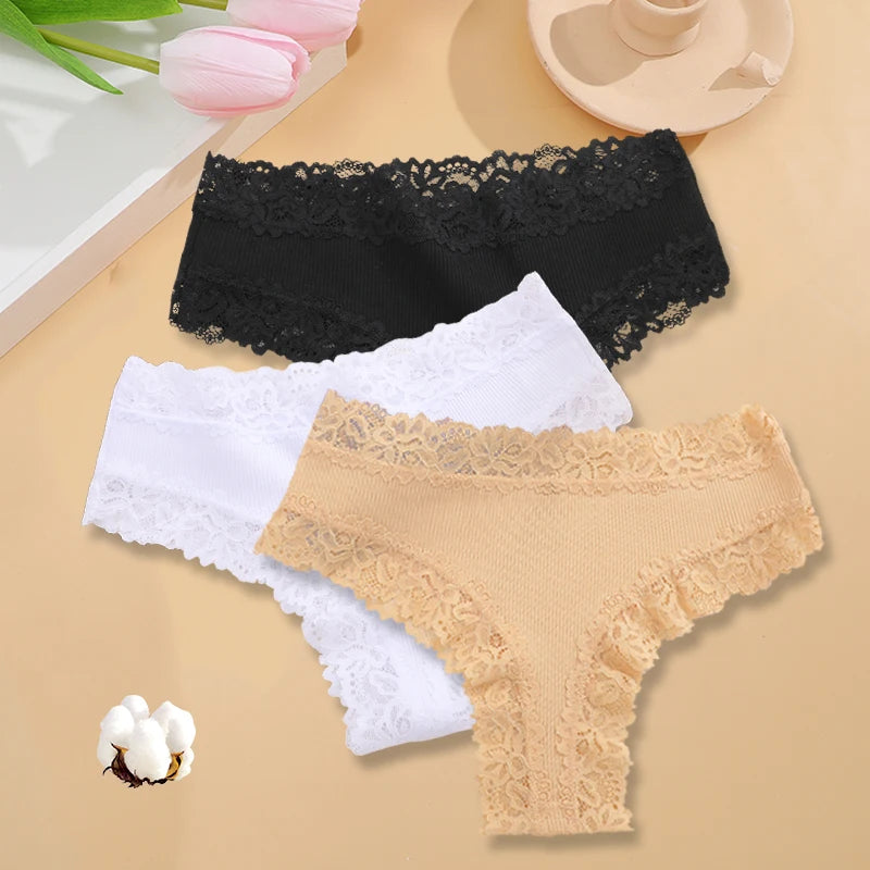 INTIMO SECRETS 3PCS Lace Cotton Thongs – Sexy Low-Rise Seamless G-String Underwear for Women S-XL