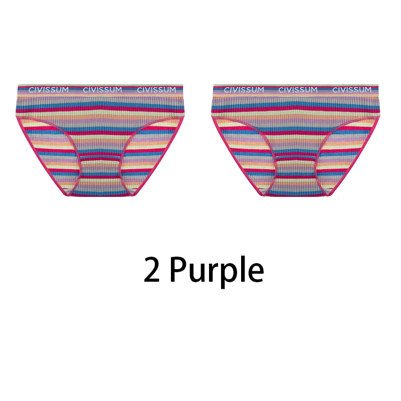 2PCS/Set Women Cotton Plus Size Panties M-4XL Comfort Underwear Sexy Colorful Rainbow Striped Lingerie Girls Cute Briefs NK608
