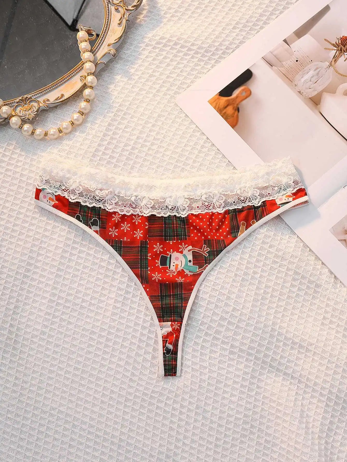 INTIMO SECRETS Sexy Christmas Print G-String – Festive Lace Thong & Breathable Soft Holiday Lingerie