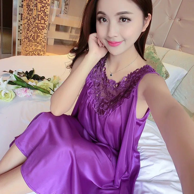 Summer Imitation Silk Nightgowns Women 2025 Sexy Sleepwear Nightwear Female  Spaghetti Strap Underwear Lace Breathable Homewear