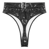 Womens Adult Sexy Thong Latex Panties Lingerie Wet Look Patent Leather Briefs Underwear Buckle Belted Pole Dance PVC Panties