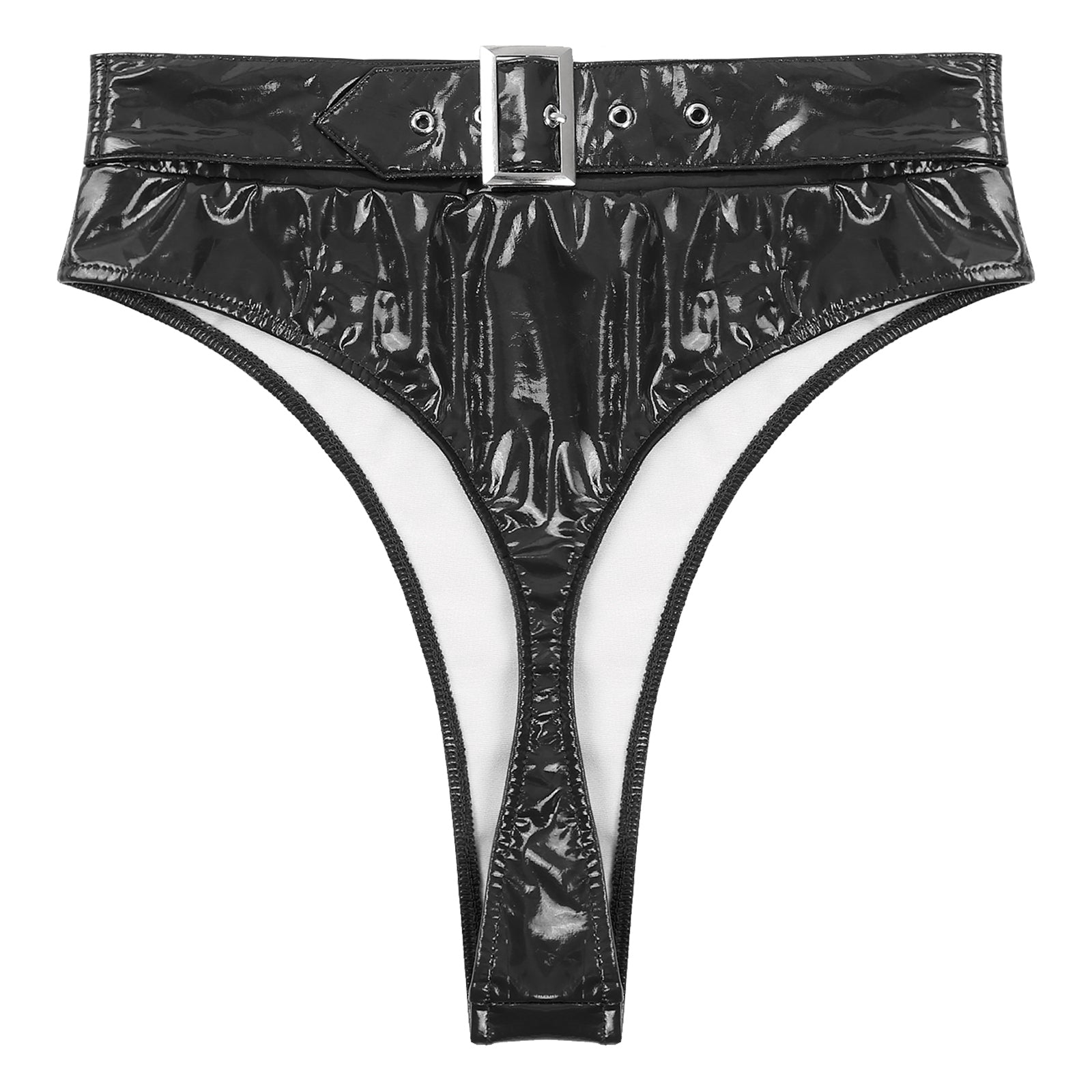 Womens Adult Sexy Thong Latex Panties Lingerie Wet Look Patent Leather Briefs Underwear Buckle Belted Pole Dance PVC Panties