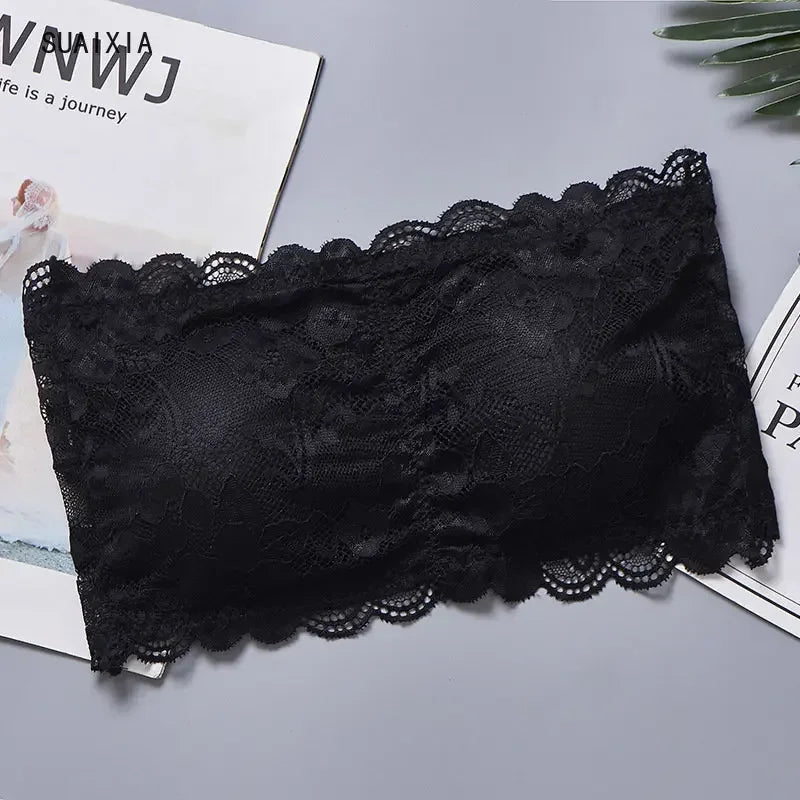 Lace Strapless Bra Women's Sexy Casual Wrap Tube Top Bandeau Short Tanks Bra Sleeveless Tank Tops