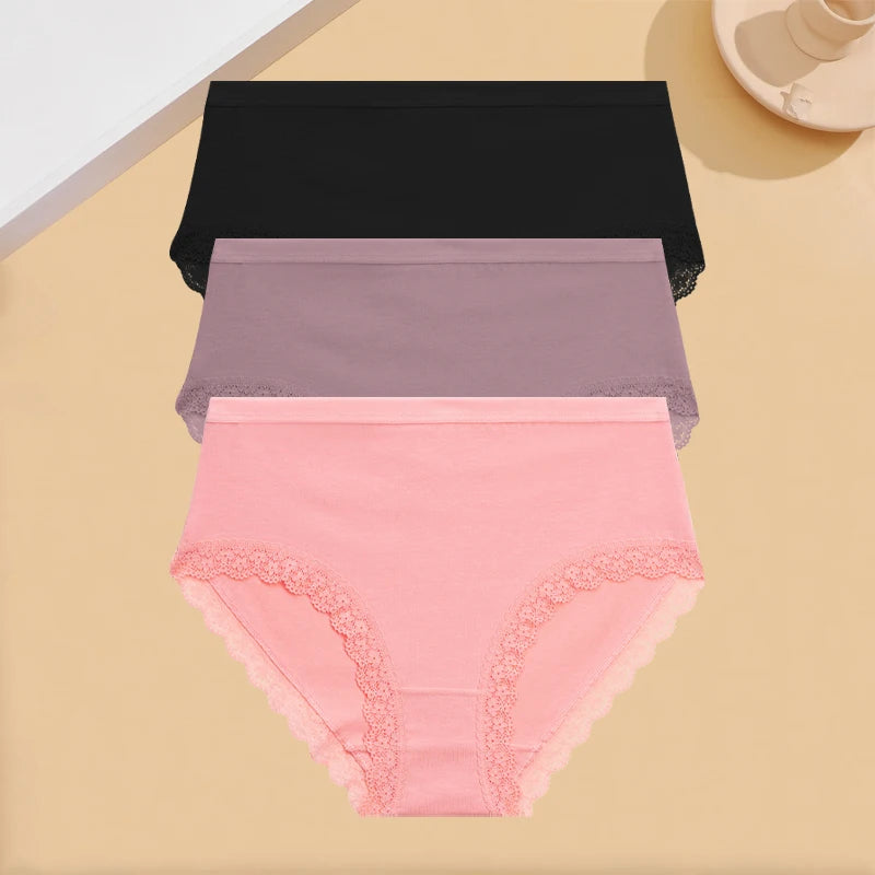 INTIMO SECRETS 3PCS Cotton Lace Panties – Plus Size Women’s Mid-Waist Lingerie