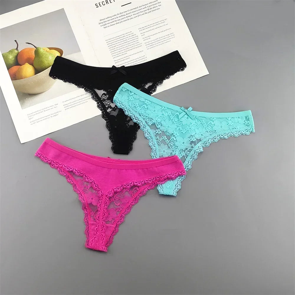 INTIMO SECRETS Plus Size Lace Cotton Thongs – Seamless T-Back G-String Underwear for Women 3PC