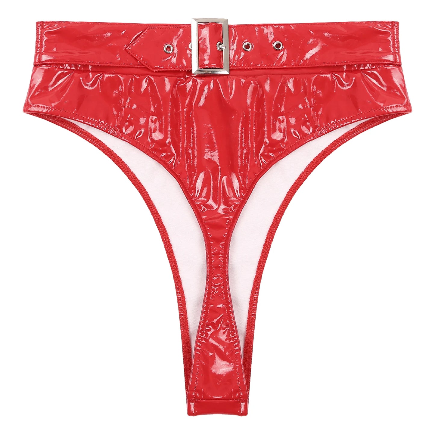 Womens Adult Sexy Thong Latex Panties Lingerie Wet Look Patent Leather Briefs Underwear Buckle Belted Pole Dance PVC Panties