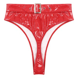 Womens Adult Sexy Thong Latex Panties Lingerie Wet Look Patent Leather Briefs Underwear Buckle Belted Pole Dance PVC Panties