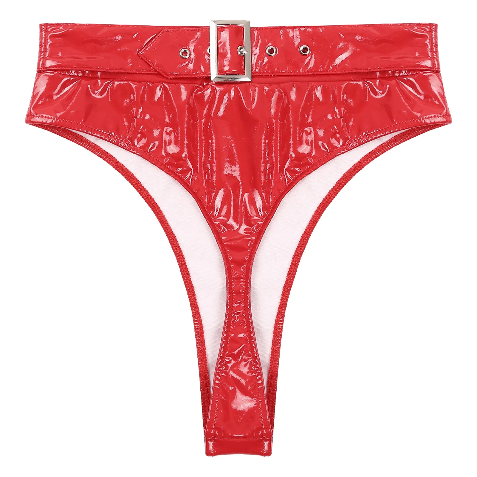 Womens Adult Sexy Thong Latex Panties Lingerie Wet Look Patent Leather Briefs Underwear Buckle Belted Pole Dance PVC Panties