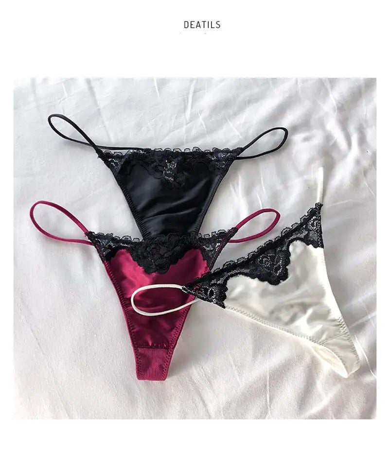 INTIMO SECRETS Embroidered Lace Thong – Seamless Satin T-Back G-String