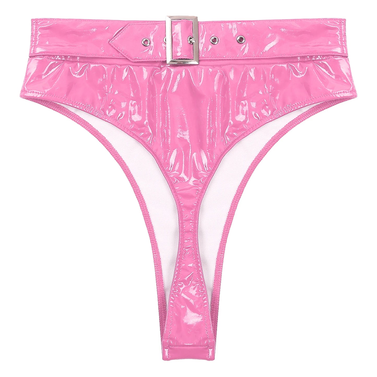 Womens Adult Sexy Thong Latex Panties Lingerie Wet Look Patent Leather Briefs Underwear Buckle Belted Pole Dance PVC Panties