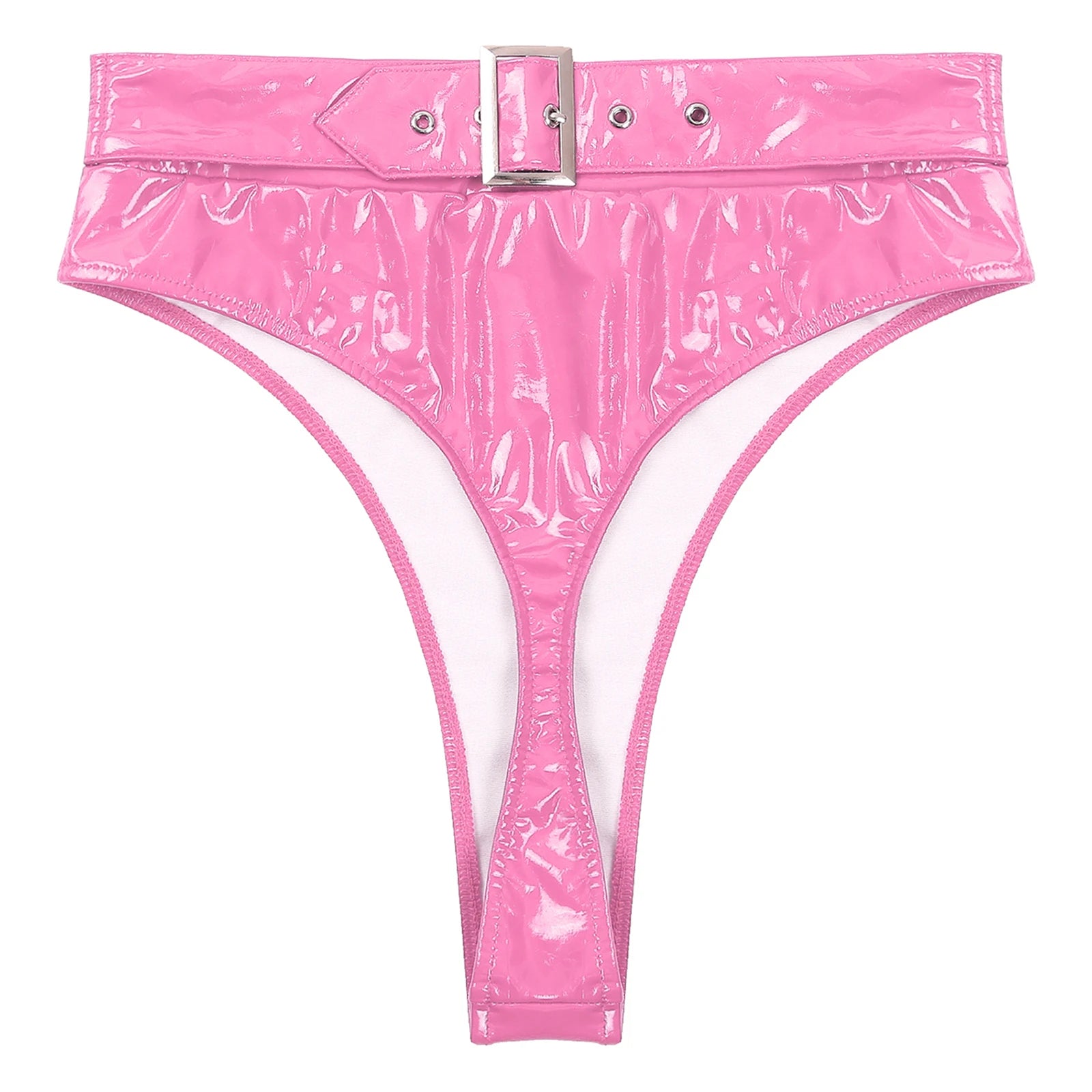 Womens Adult Sexy Thong Latex Panties Lingerie Wet Look Patent Leather Briefs Underwear Buckle Belted Pole Dance PVC Panties