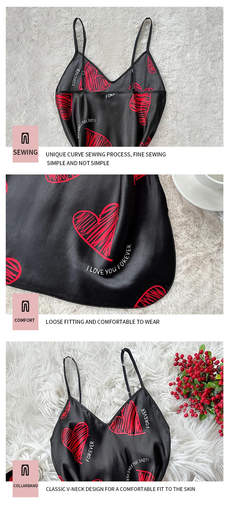 Valentine's Day Red Lip Print Satin Slip Nightdress V Neck Backless Mini Sleep Dress Women's Sleepwear Dresses