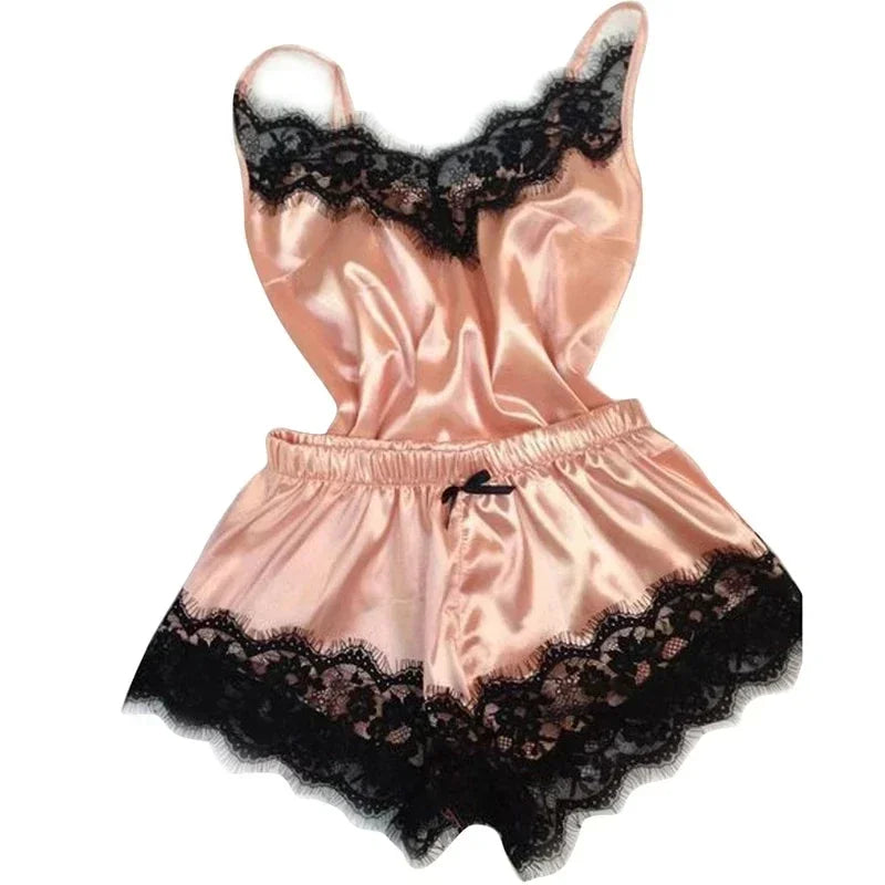Lace Silk Satin 2 Pieces Pajama Set for Women Sleepwear Sexy Lingerie Bowknot Pyjamas Crop Tops with Shorts Set Loungewear