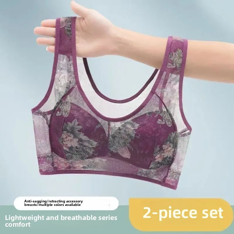 Plus Size Fixed Cup Bra Wireless Breathable Summer Thin Underwear One-Piece Vest Style for Middle-Aged And Elderly People