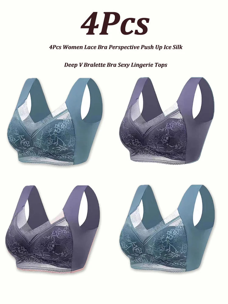 INTIMO SECRETS 4-Piece Lace Push-Up Bra Set – Ice Silk Deep V Bralette, Plus Size L-5XL