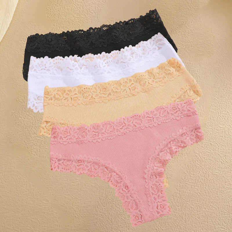 4Pcs/Set Women's Cotton Panties Lace Sexy Brazilian Pants Floral Lace Underwear Trendy Patchwork Briefs  Female Soft Underpants