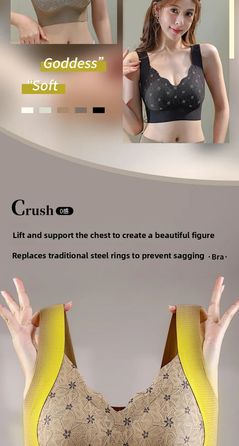 Seamless Lace Backless Bra Vest Fixed Cup Push-Up Side Breast Collection Wireless Vest Style Sleep Bra