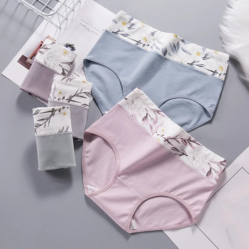 4PCS High Waist Women's Panties Breathable Cotton Panty Lovely Print Ladies Underwear Plus Size Female Lingerie Girls Briefs