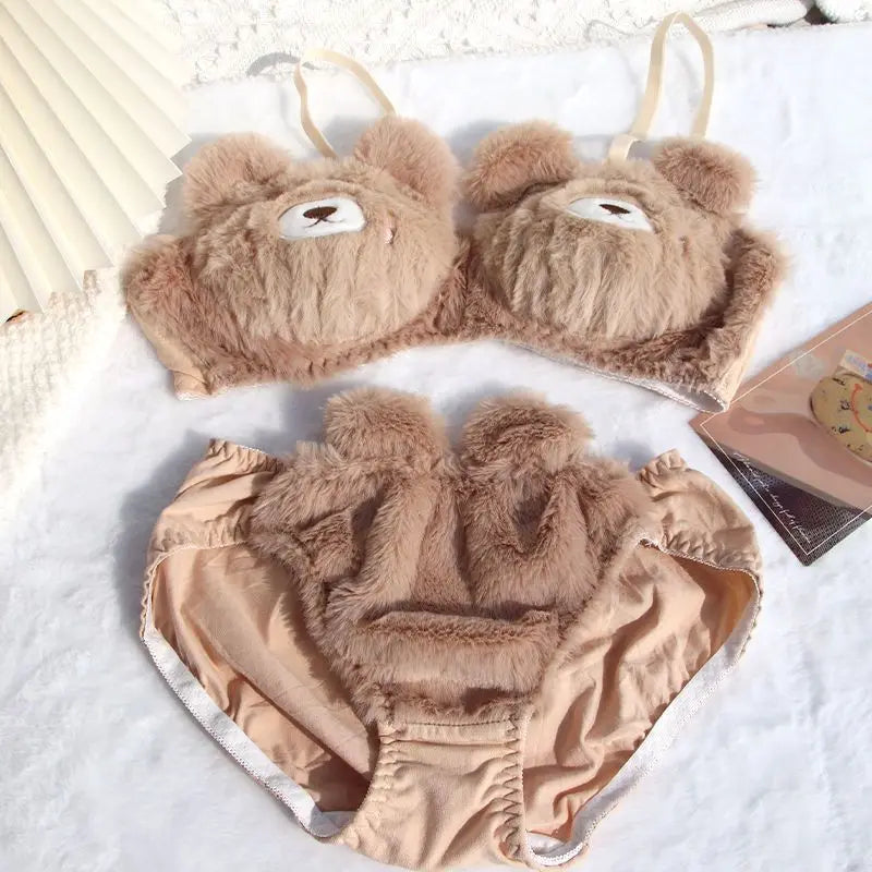 Japanese Cute Girl Plush Underwear Autumn And Winter Japanese Bra Set Without Underwire Warm
