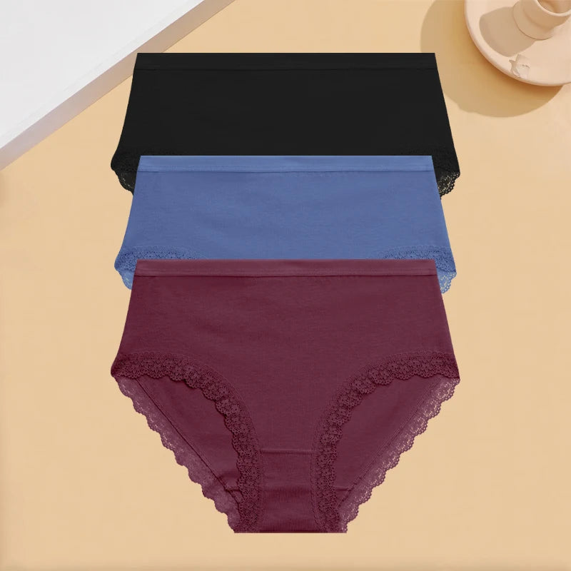 INTIMO SECRETS 3PCS Cotton Lace Panties – Plus Size Women’s Mid-Waist Lingerie