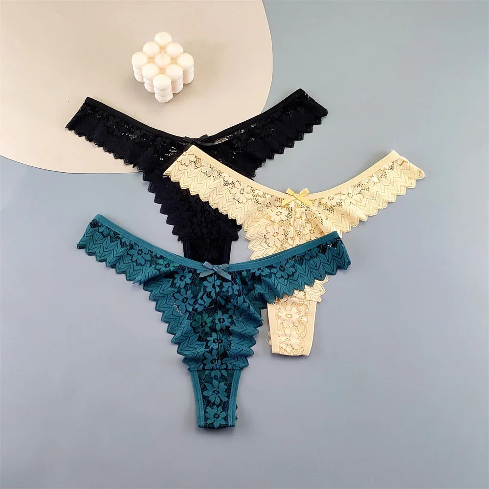 INTIMO SECRETS 3PCS Lace Thongs – Transparent Mid-Waist G-Strings Plus Size