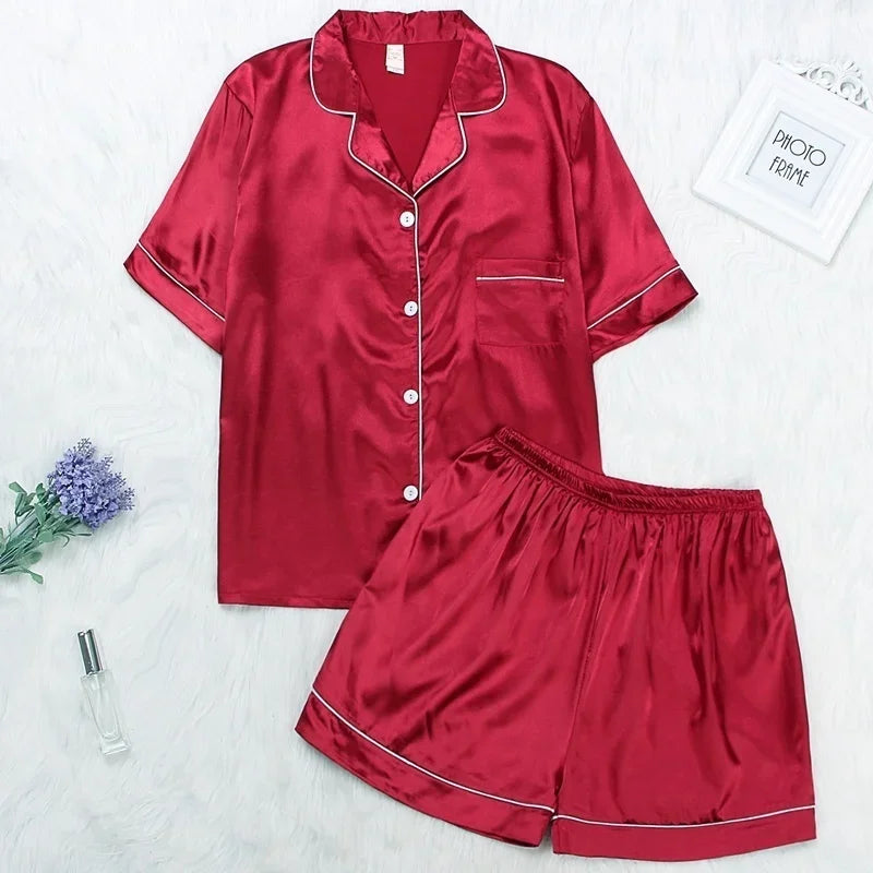 Womens Silk Satin Pajamas Set Sleepwear Pijama Women's Loungewear Pajamas Suit Female Sleep Two Piece Set Feminino Fofo Pyjamas