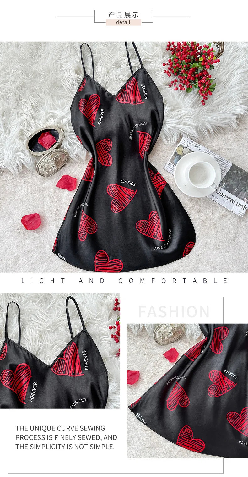 Print Satin Slip Nightdress V Neck Backless Mini Sleep Dress Women Sleepwear Dresses Nightgown Cosplay Sexy Pajama