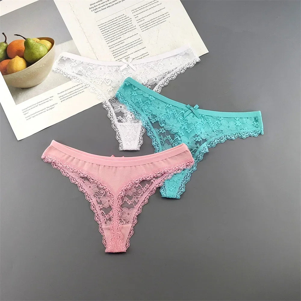 INTIMO SECRETS Plus Size Lace Cotton Thongs – Seamless T-Back G-String Underwear for Women 3PC