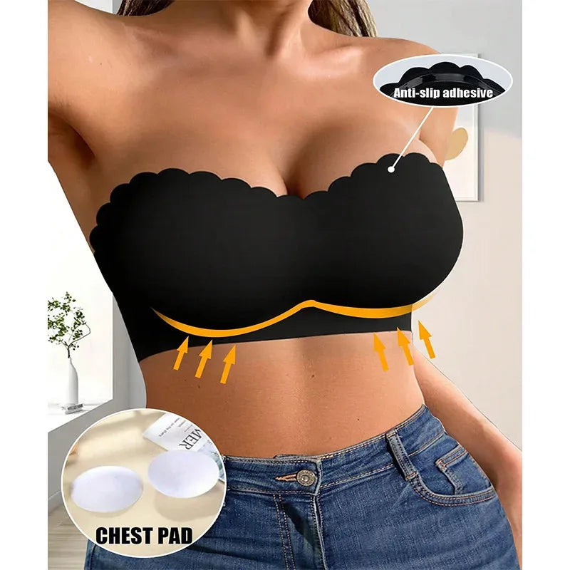 Women's Sexy Strapless Wavy Trim Bandeau Bra Seamless Backless With Side Clasp Ice Silk Top Women Anti-slip Off-shoulder Bra