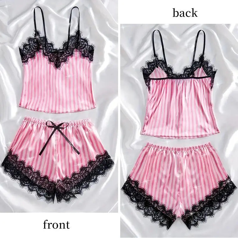 Two Piece Women's V-Neck Sexy Lace Suspender Pajama Shorts Set Casual Women's Sleeveless Sexy Pajama Set