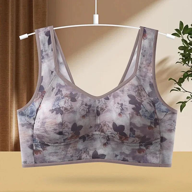 Plus Size Fixed Cup Bra Wireless Breathable Summer Thin Underwear One-Piece Vest Style for Middle-Aged And Elderly People